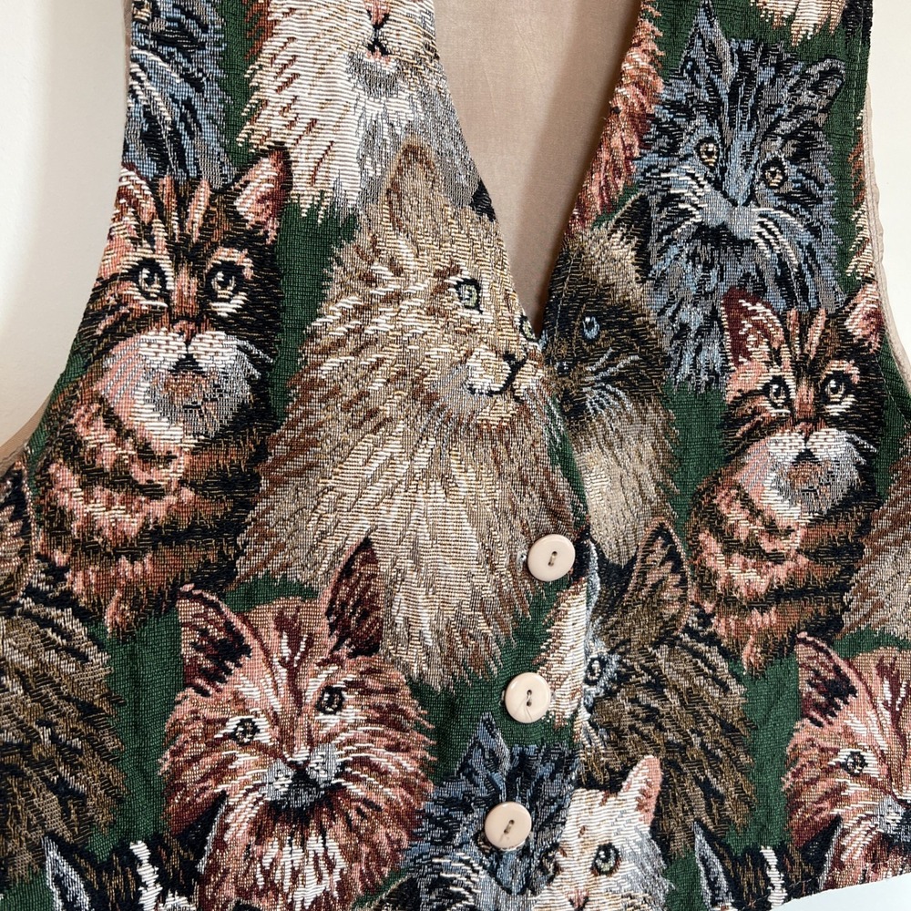 Vintage Facets by Mirrors Cat Tapestry Vest Womens M Multicolor Buttons VTG - Picture 2 of 9